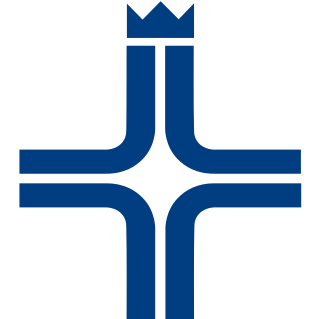 Stilisiertes blaues Kreuz mit einer Krone.