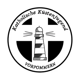 Logo der Katholischen Küstenkinder Vorpommern mit Leuchtturm und Kreuz.